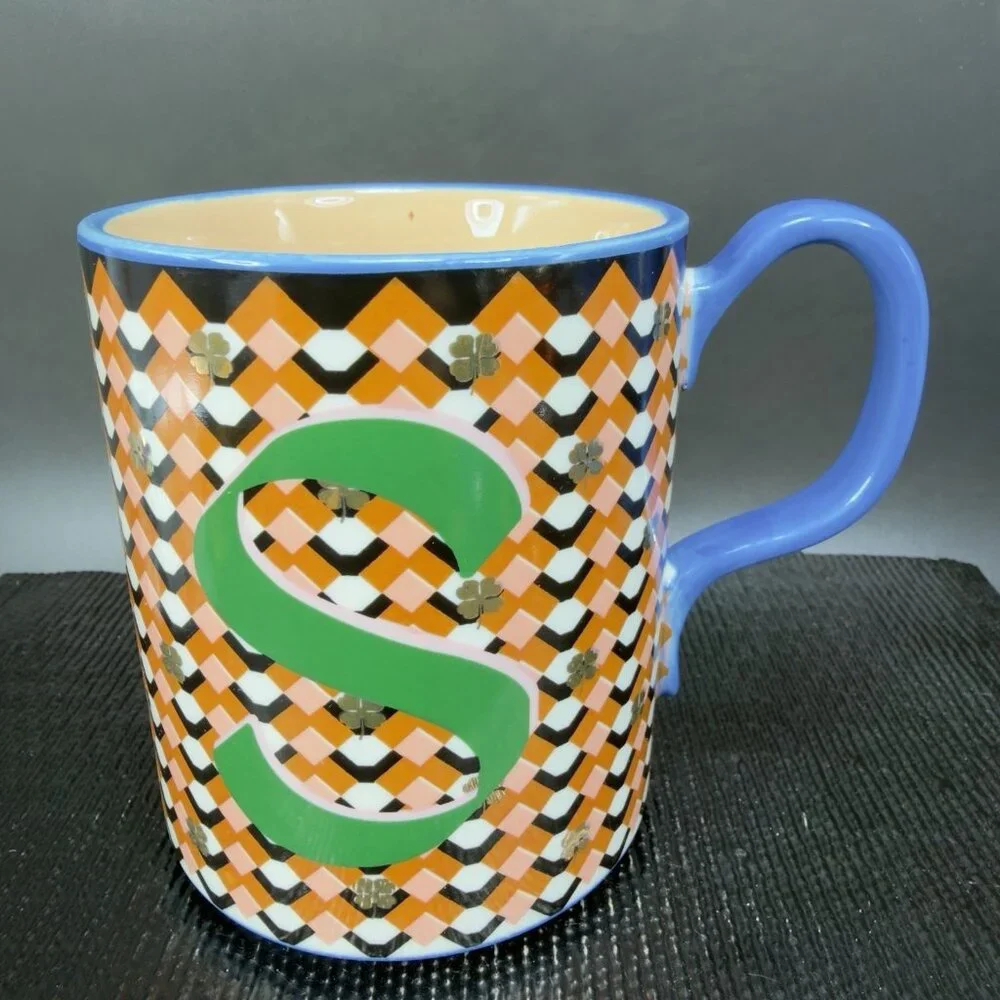 Anthropologie Bistro Tile Ceramic Coffee Mug Cup Monogram Letter S Shamrocks Mug